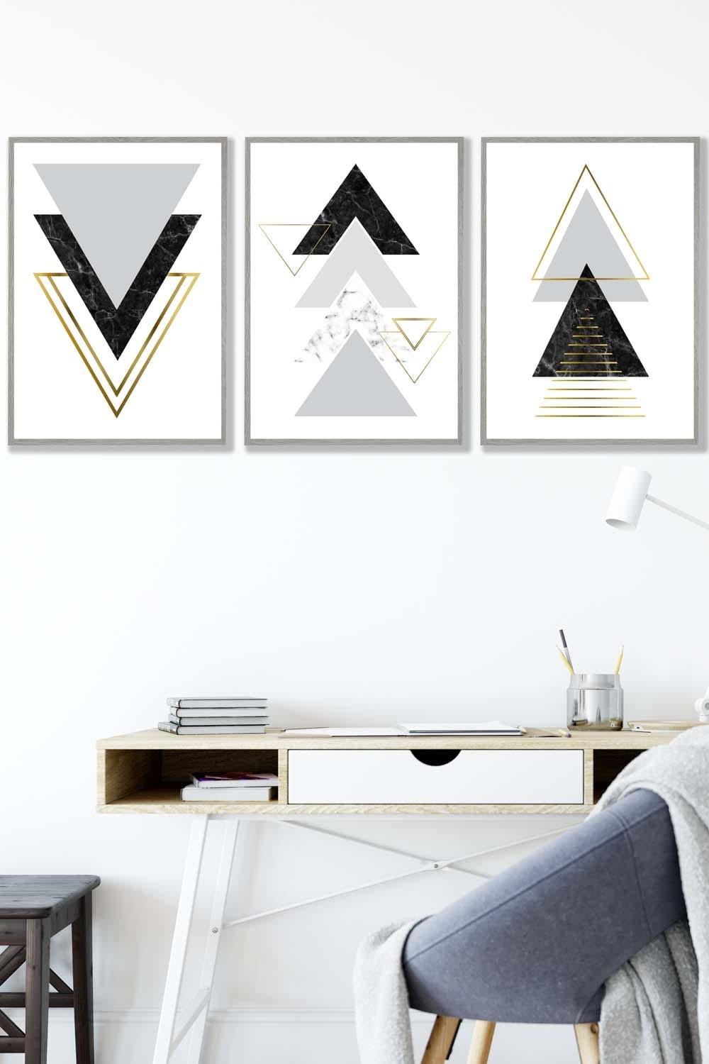 Black Grey Geometric Triangle Set Framed Wall Art - Medium
